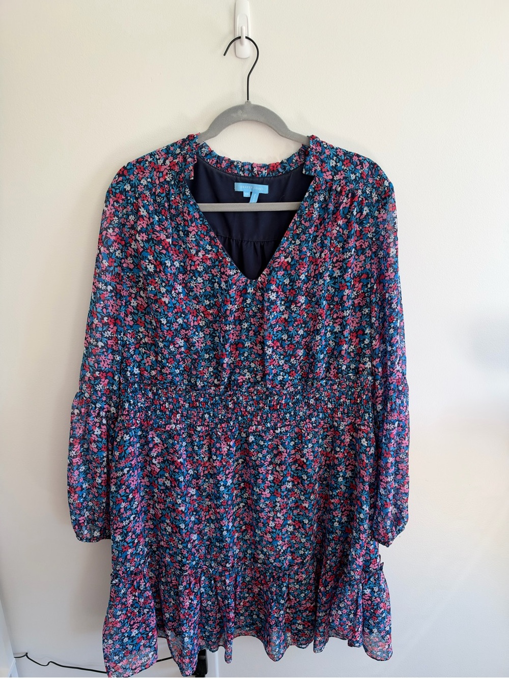 Long Sleeve Draper James Floral V-Neck Dress - Navy with Pink & Blue Floral